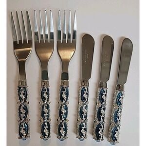 Blue & Silver Jeweled Vtg Hostess  Forks & Spreaders Set Of 6 Stainless Steel